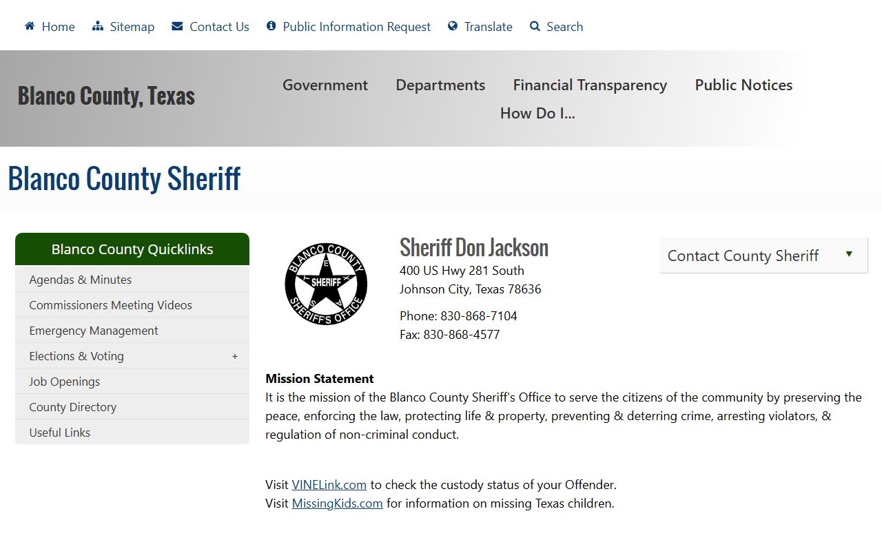Blanco County inmate search sheriff page with VINELink custody status