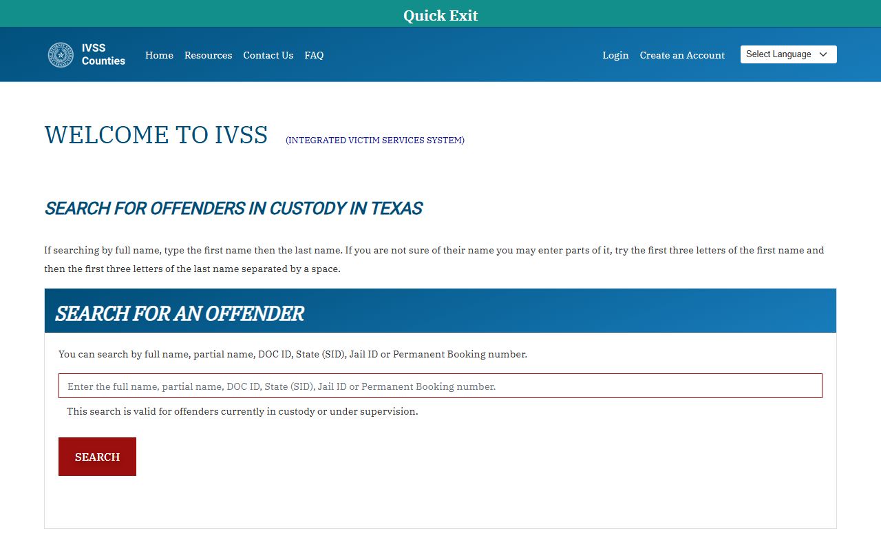 Blanco County inmate lookup Texas IVSS custody search fields
